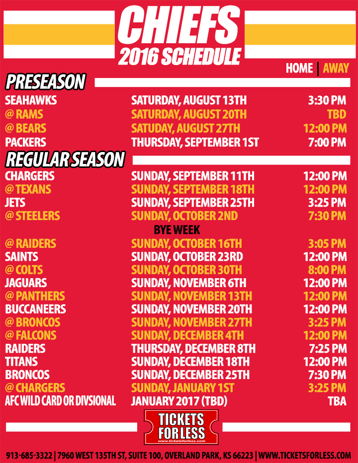 2016 Chiefs Printable Schedule Kansas City Chiefs Schedule