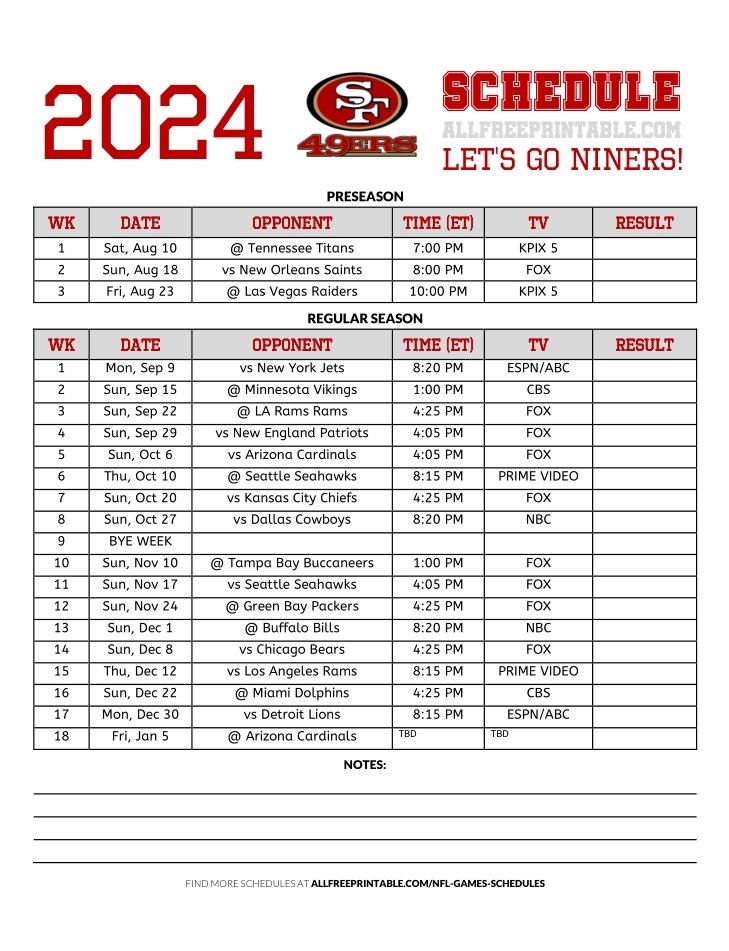 49ers Printable Schedule Nfl Free Printable Schedules