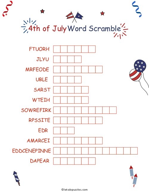4th Of July Word Scramble Printable Puzzles For Kids