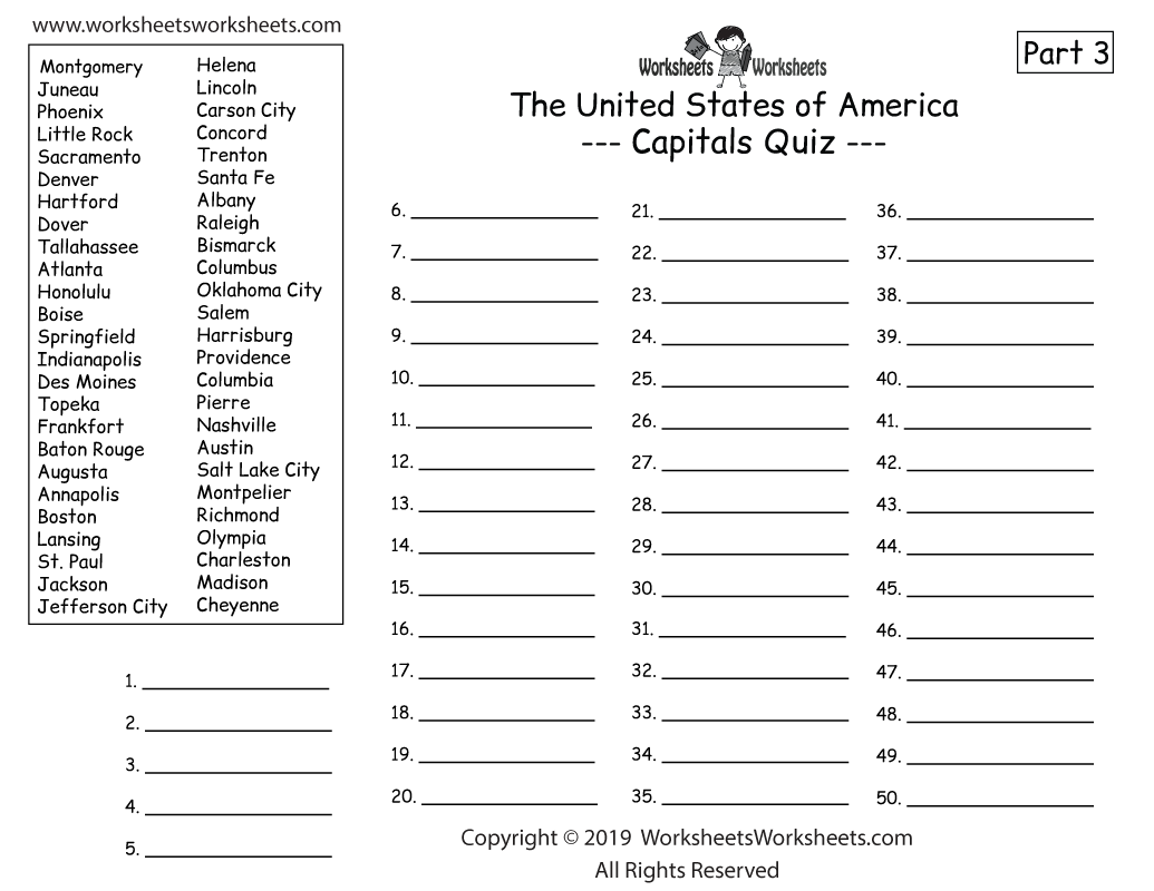 50 States And Capitals Quiz Printable