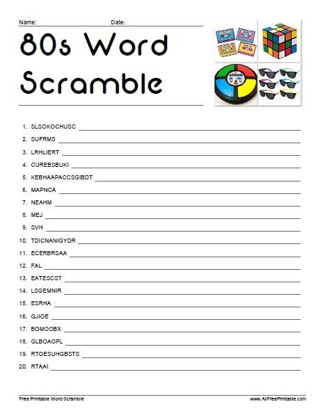 80s Word Scramble Printable Party