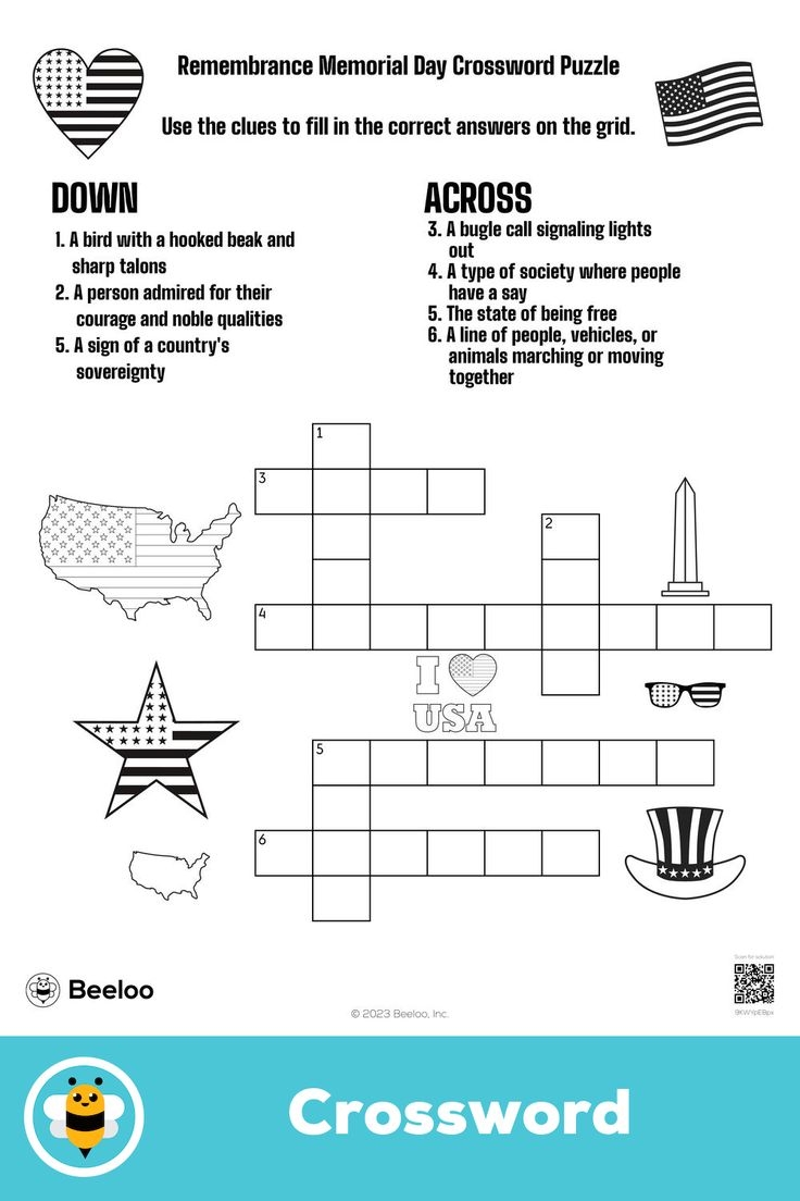 Advanced Memorial Day themed Crossword Puzzle For Kids Ages 8 And Up 