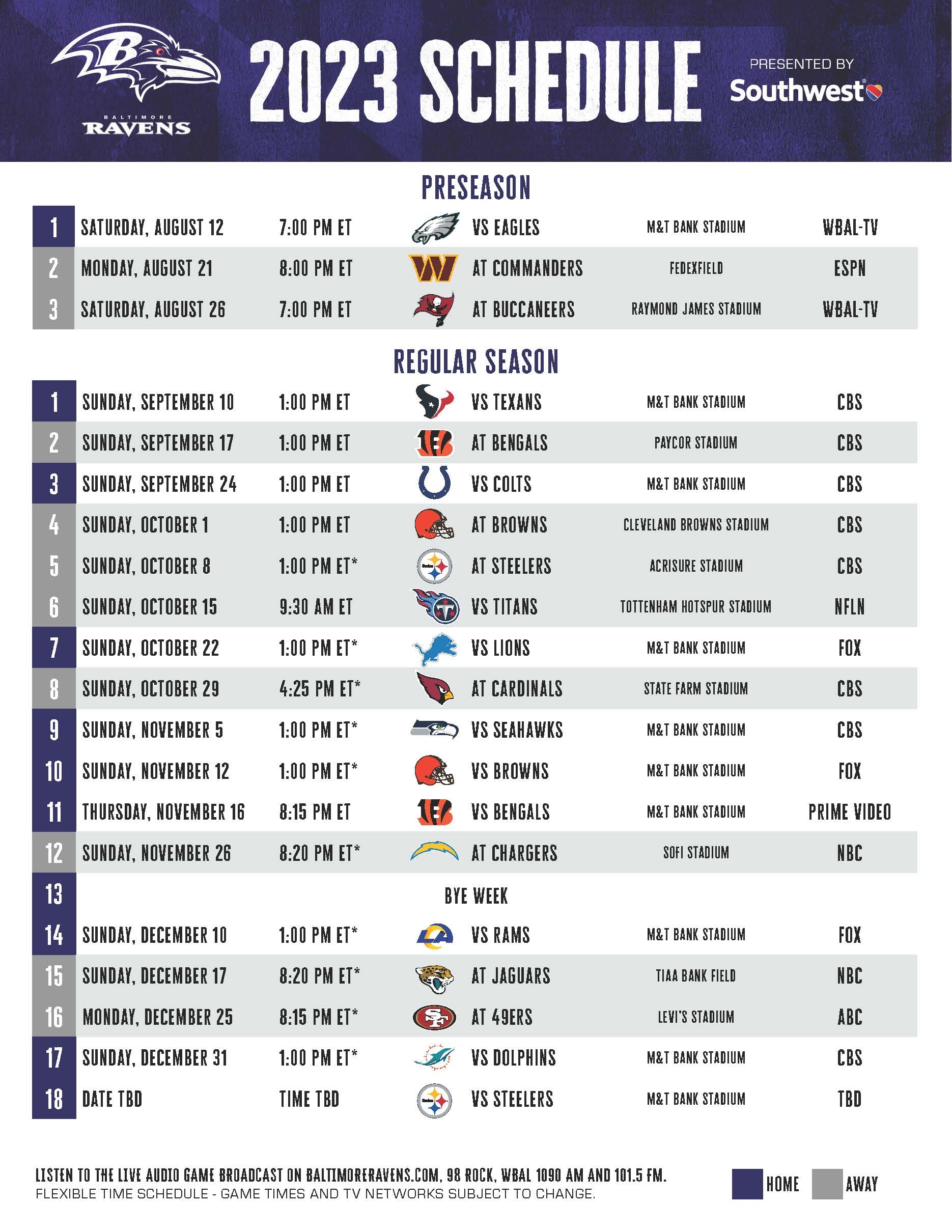 Baltimore Ravens 2023 Season Printable Schedule Maryland Stadium 