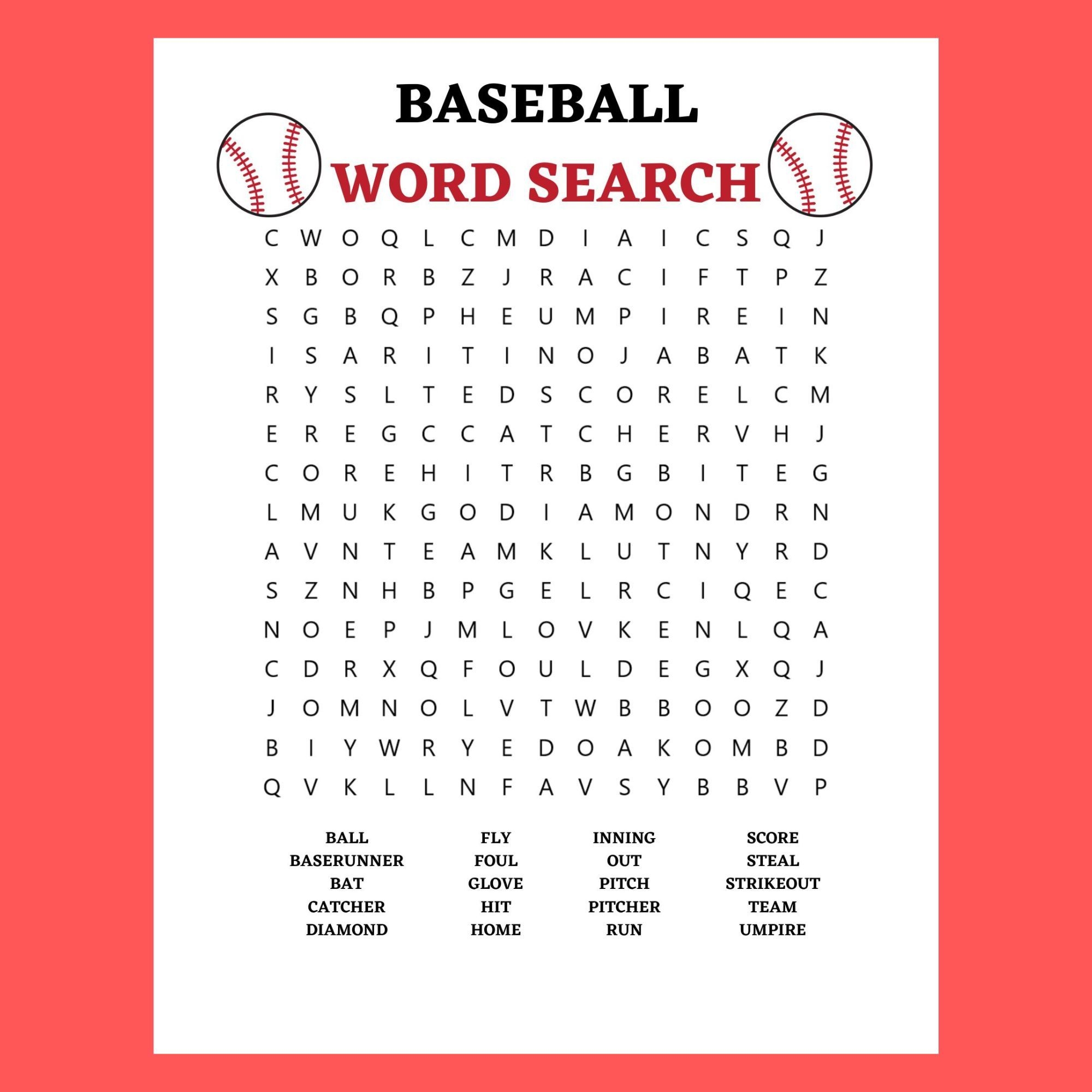 Baseball Word Search Game For Parties And Events