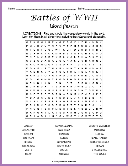 Battles Of WWII Word Search