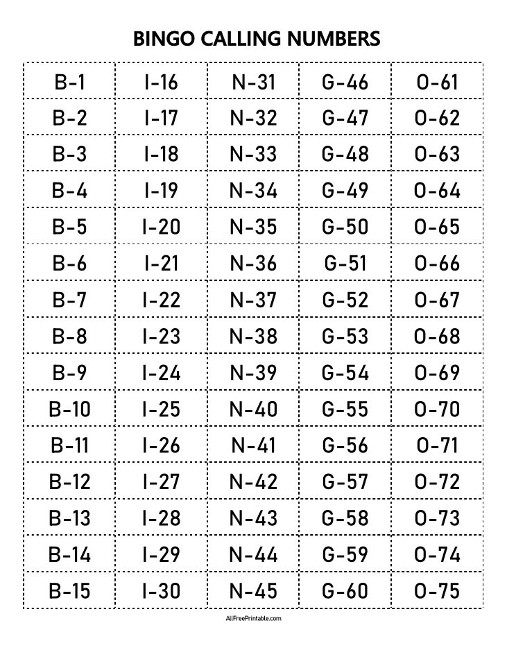 Bingo Calling Numbers Free Printable