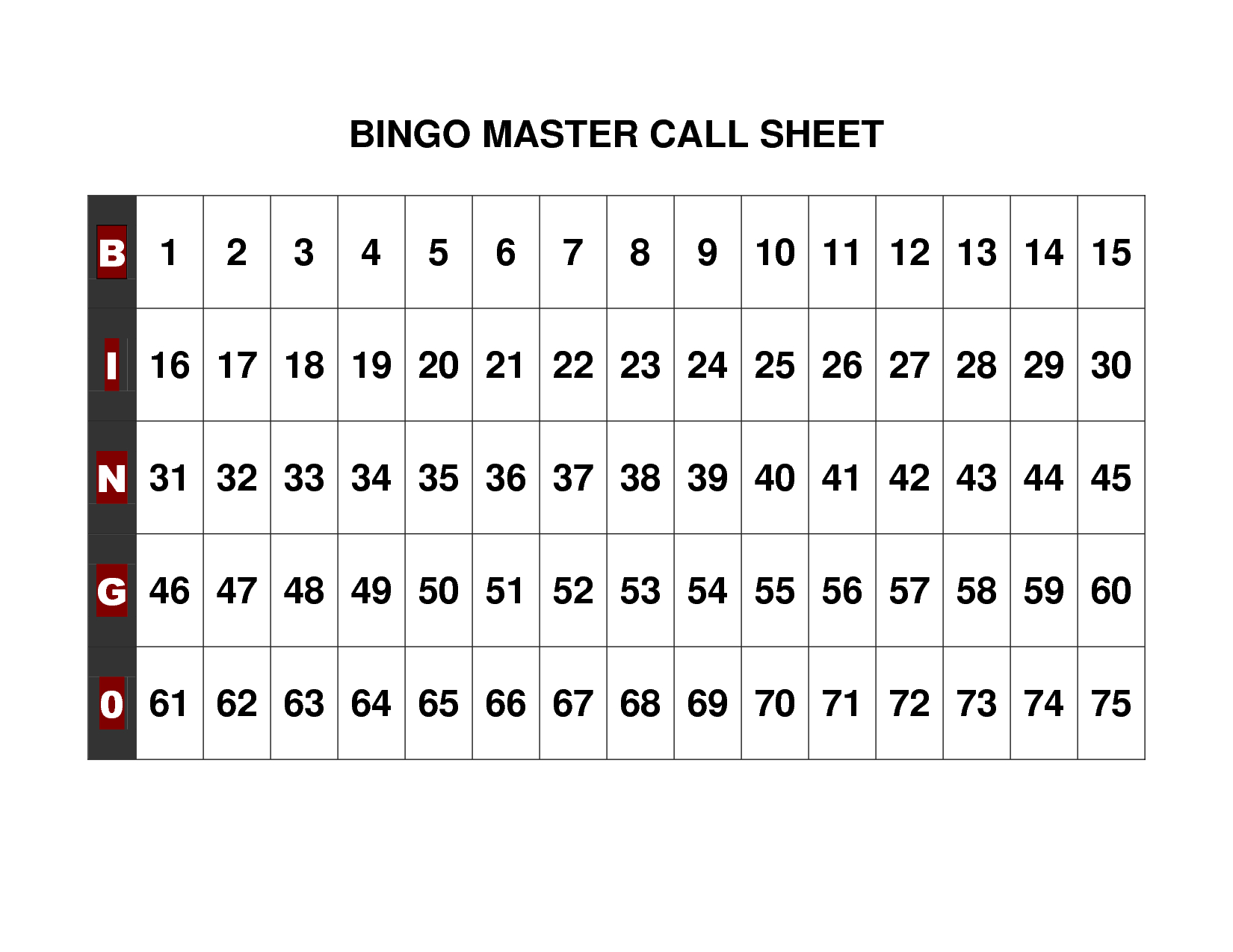 Bingo Calling Sheet Printable