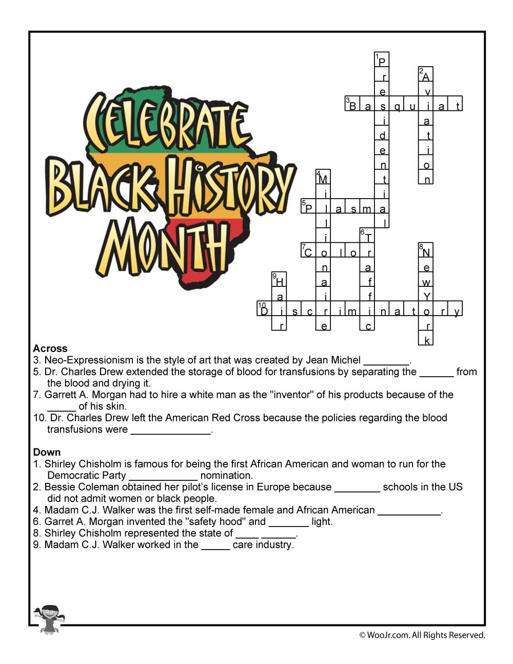 Black History Month Crossword Worksheet Answer Key Woo Jr Kids 