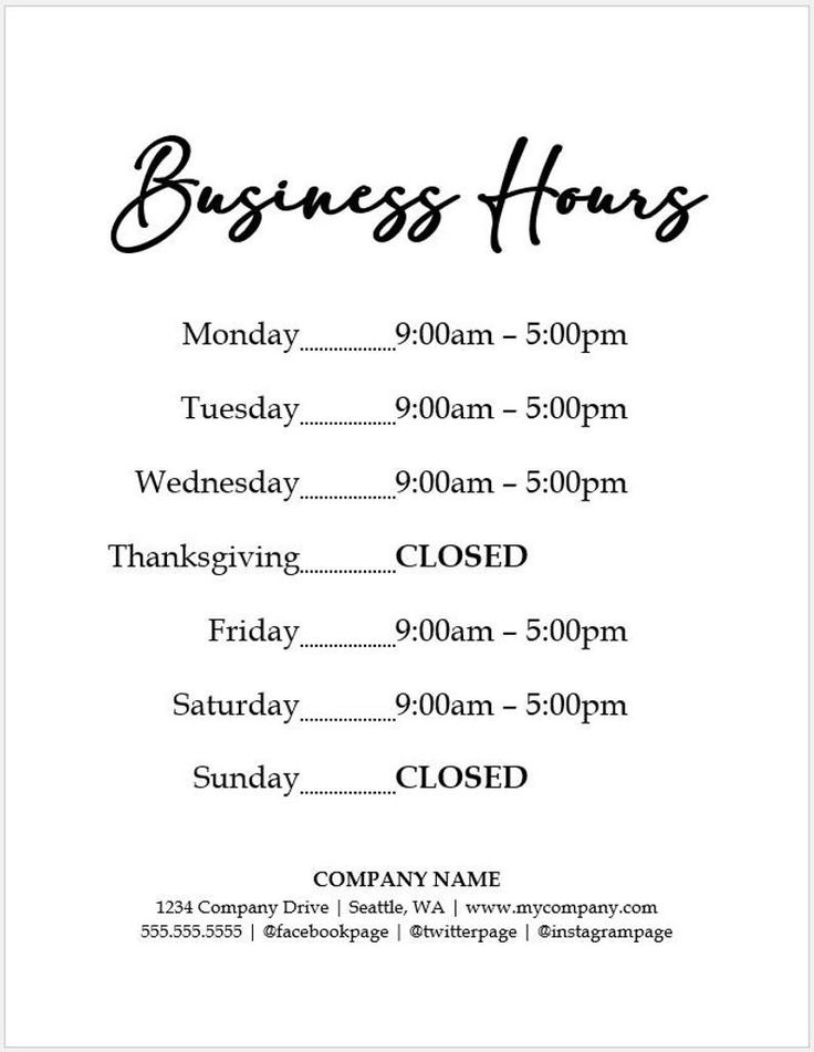 Business Hours Sign Editable Printable Template Store Hours Hours