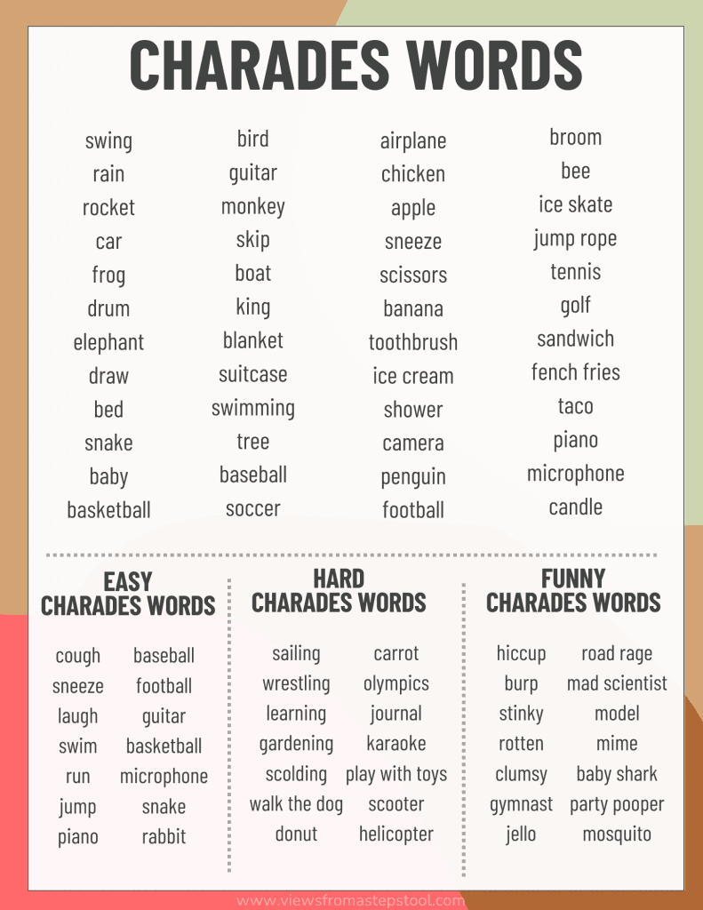 Charades Ideas For Families Printable Word List Charades Words Charades Ideas For Families Printable Word List Charades Words