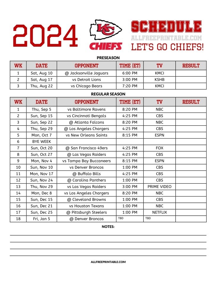 Chiefs 2025 Schedule Printable Schedule Con Benoite