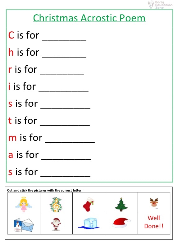 Christmas Acrostic Poem Worksheet Early Education Zone
