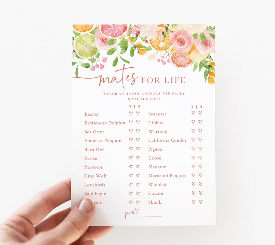Citrus Wedding Shower Trivia Game Printable Mates For Life Animal 