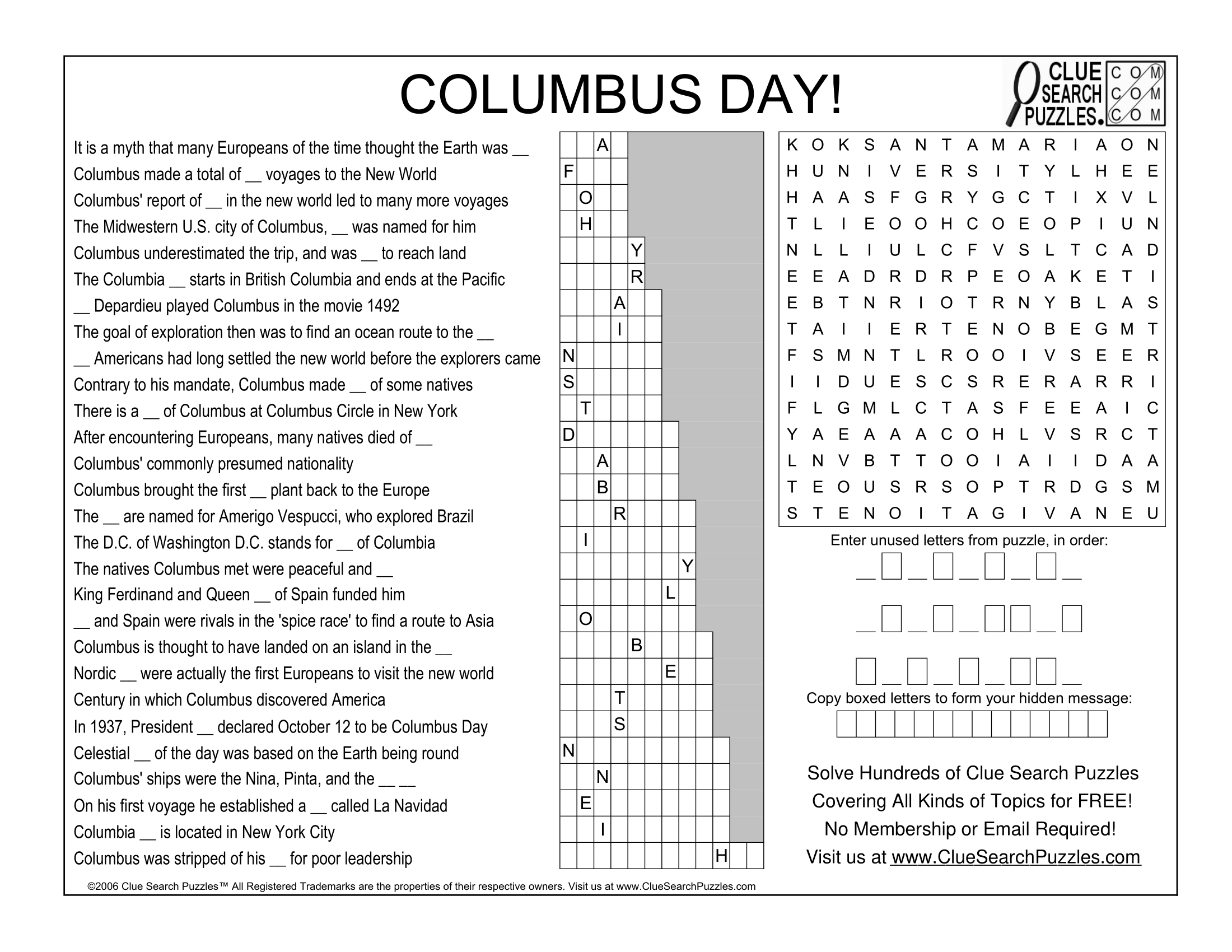 COLUMBUS DAY TRIVIA QUIZ Clue Search Puzzles