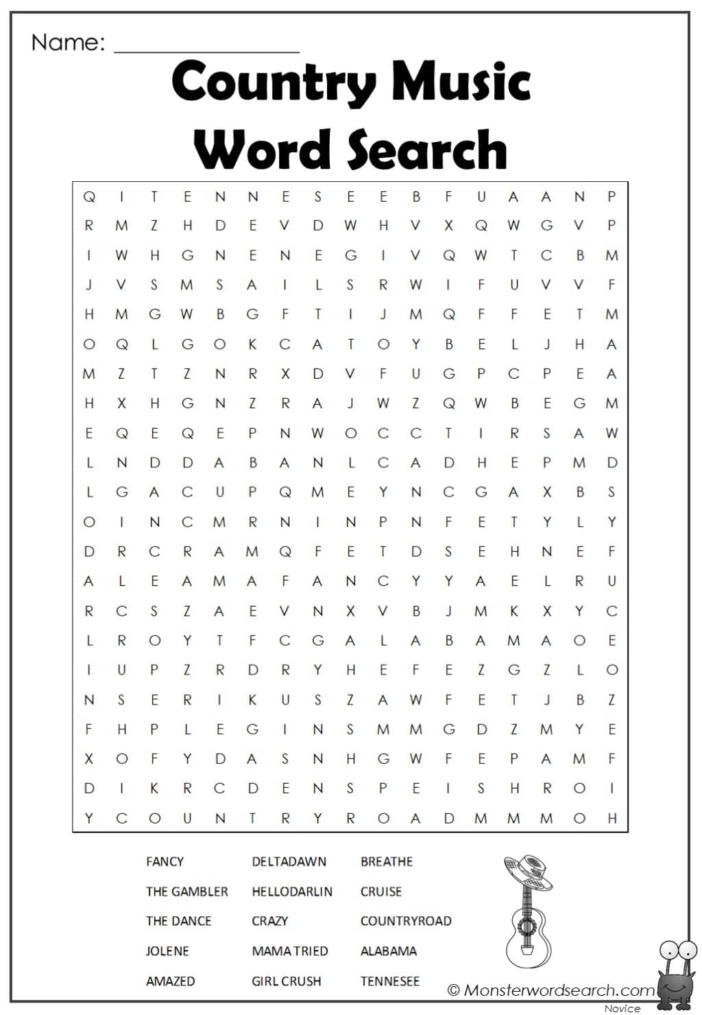 Country Music Word Search Monster Word Search