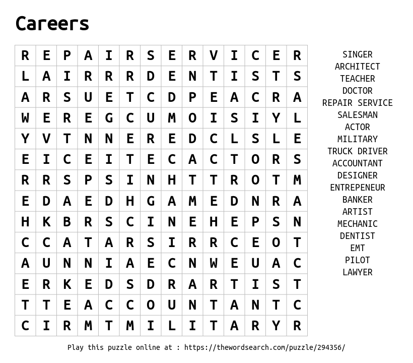 Download Word Search On Careers Download Word Search On Careers