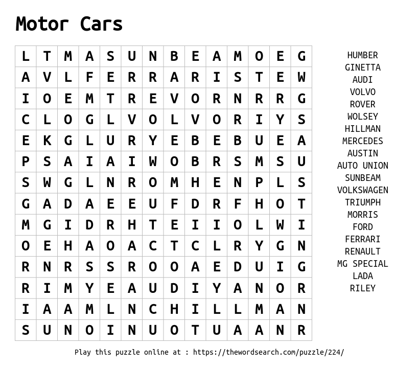 Download Word Search On Motor Cars Download Word Search On Motor Cars