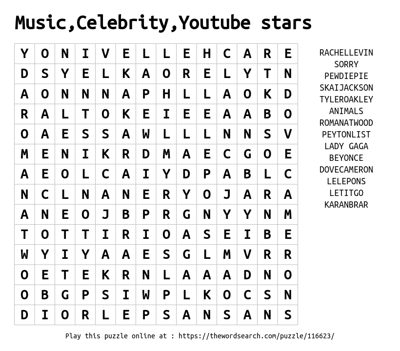 Download Word Search On Music Celebrity Youtube Stars