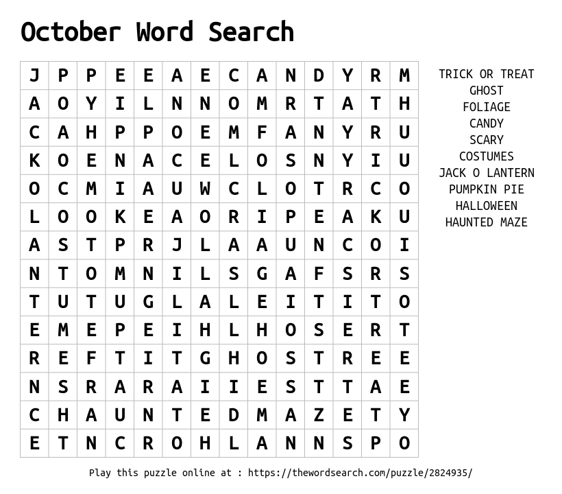 Download Word Search On October Word Search
