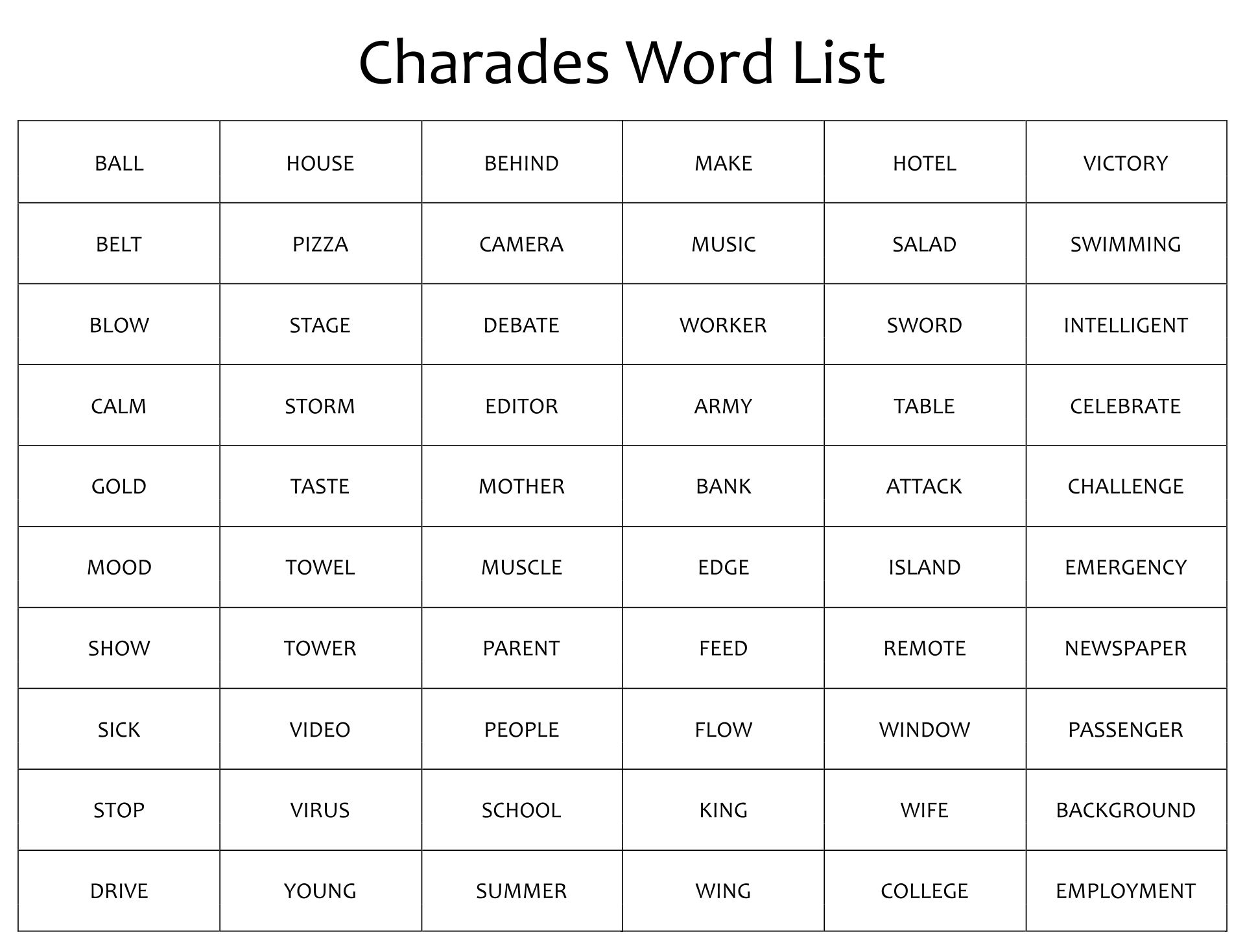 Easy Charades Word List Printable