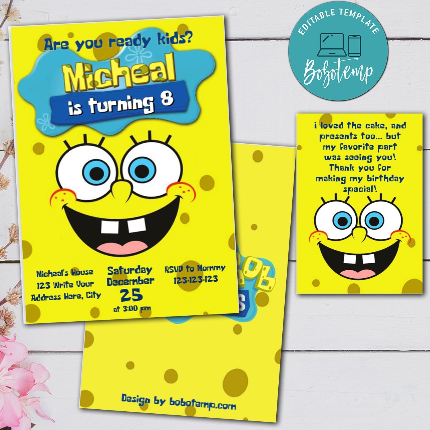 Editable SpongeBob Birthday Invitation And Free Thank You Card  Editable SpongeBob Birthday Invitation And Free Thank You Card