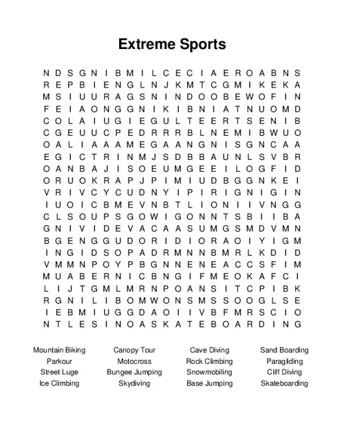 Extreme Sports Word Search Extreme Sports Word Search