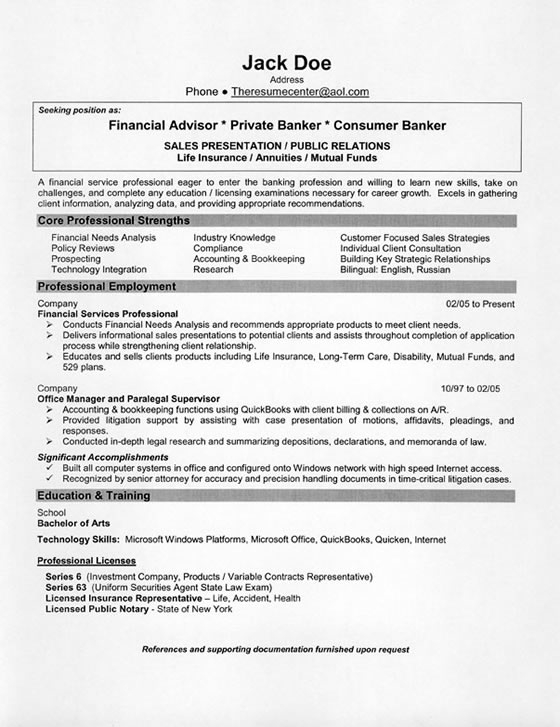Financial Advisor Resume Example