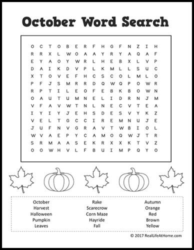 Free October Word Search Printable For Kids