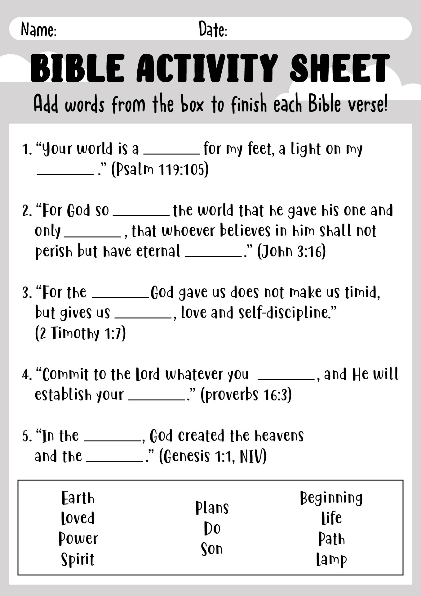 Free Printable Bible Activity Sheets