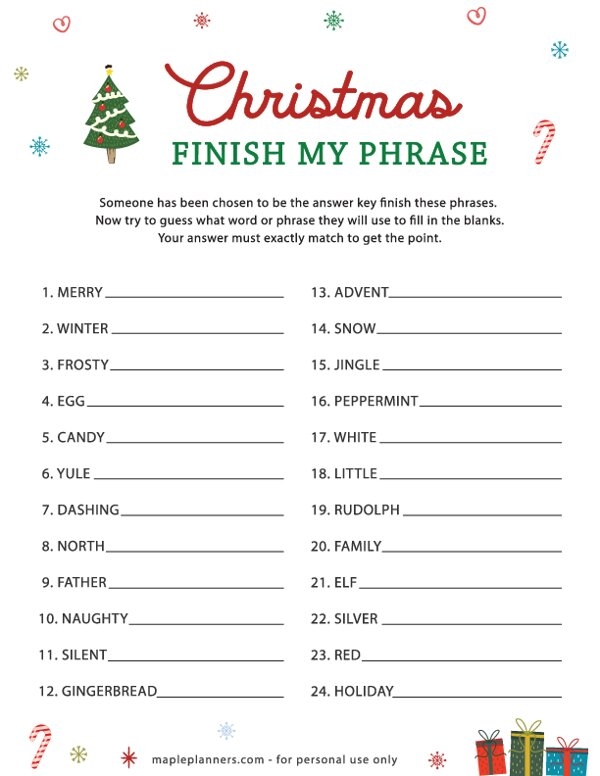 Free Printable Christmas Finish My Phrase