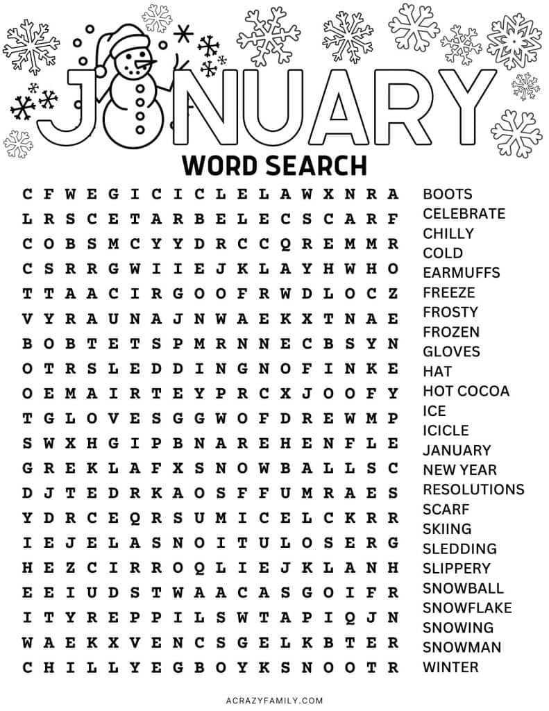 Free Printable January Word Search A Crazy Family