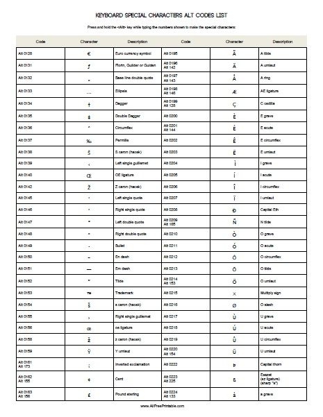 Free Printable Special Characters ALT Codes List Free Printable