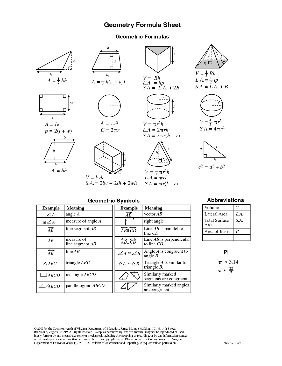 Geometry formula sheet