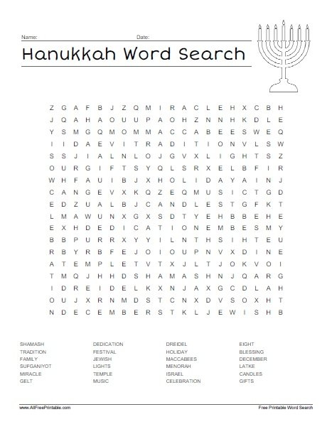 Hanukkah Word Search Free Printable