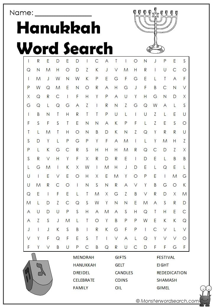 Hanukkah Word Search Monster Word Search Hanukkah Word Search Monster Word Search