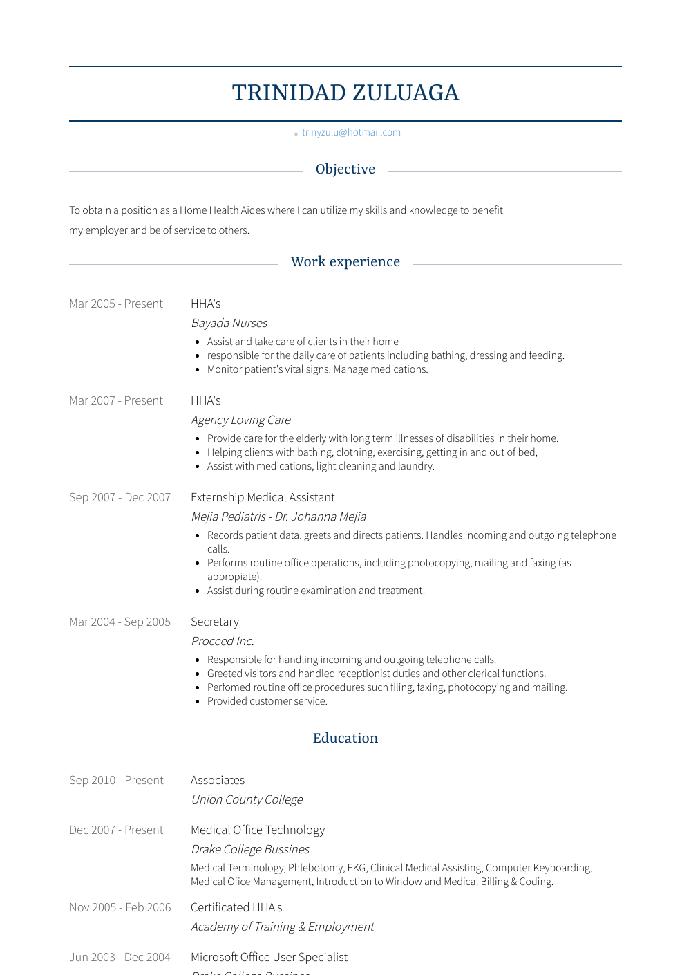 Hha Resume Samples And Templates VisualCV