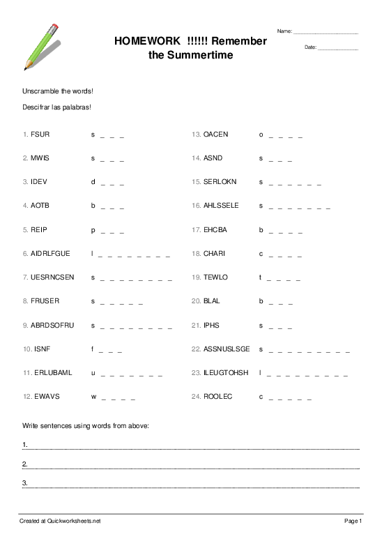HOMEWORK Remember The Summertime Word Scramble Quickworksheets HOMEWORK Remember The Summertime Word Scramble Quickworksheets