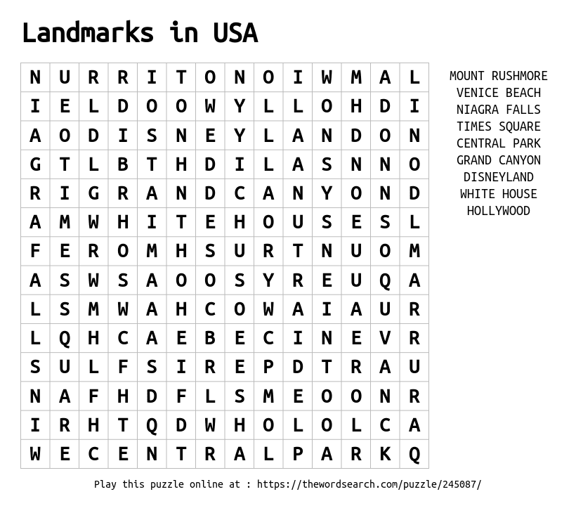 Landmarks In USA Word Search Landmarks In USA Word Search