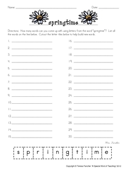 Making Words SPRINGTIME By A Special Kind Of Teaching TpT
