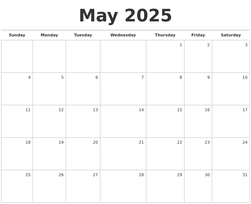 May 2025 Blank Monthly Calendar