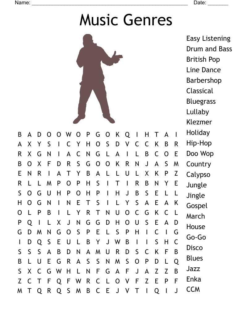 Music Genres Word Search WordMint Worksheets Library