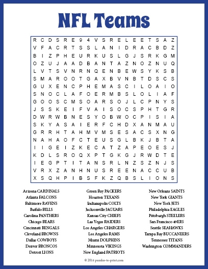 NFL Teams Word Search Printable Word Search