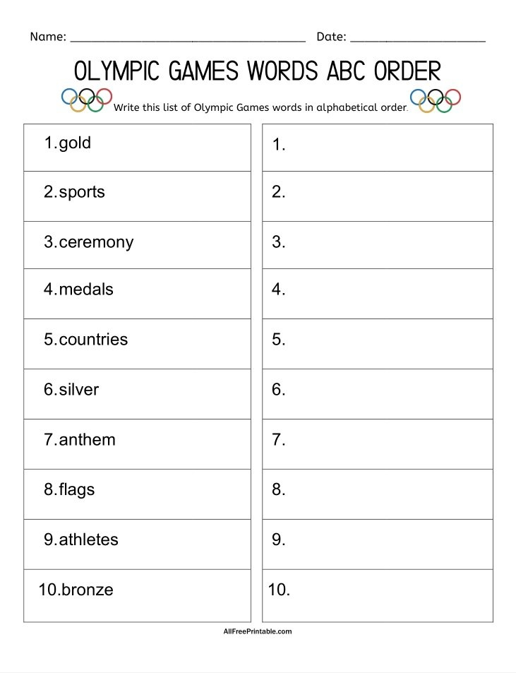 Olympic Games Words ABC Order Free Printable
