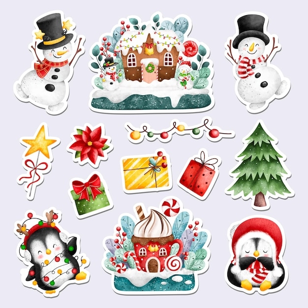 Premium Vector Watercolor Illustration Printable Christmas Stickers 