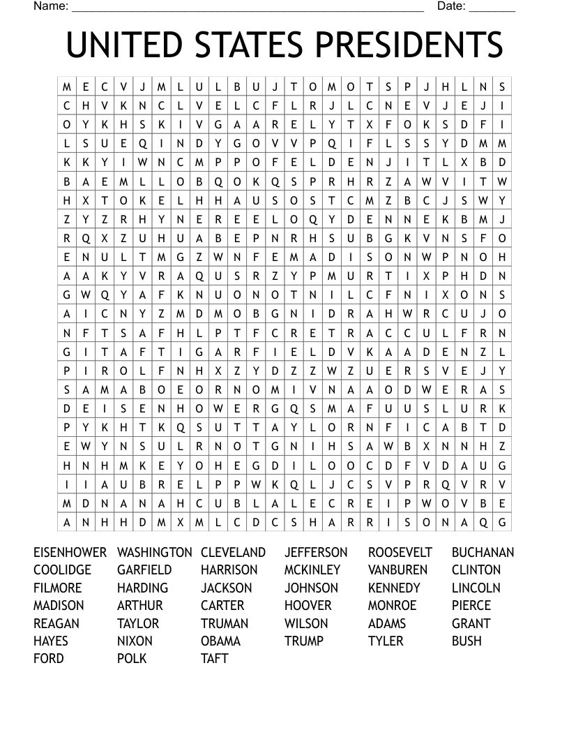 President Word Search Printable