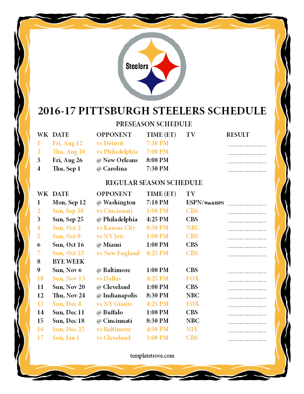 Printable 2016 2017 Pittsburgh Steelers Schedule