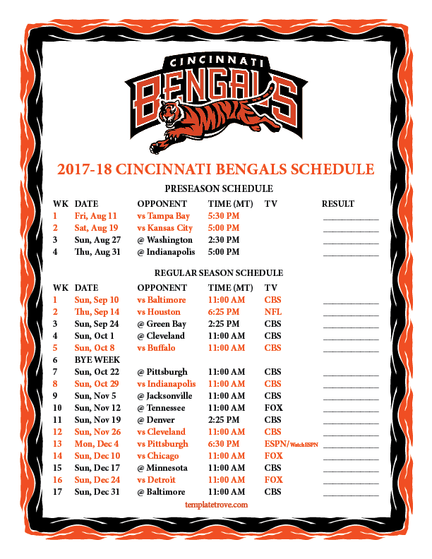 Printable 2017 2018 Cincinnati Bengals Schedule