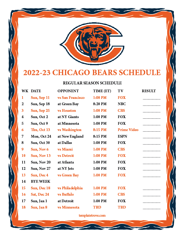 Printable 2022 2023 Chicago Bears Schedule