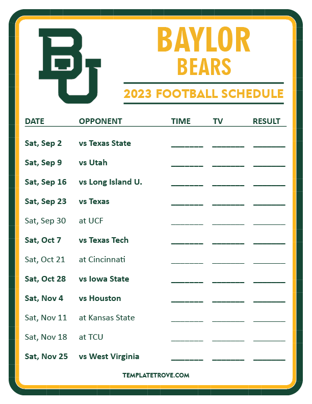 Printable 2023 Baylor Bears Football Schedule