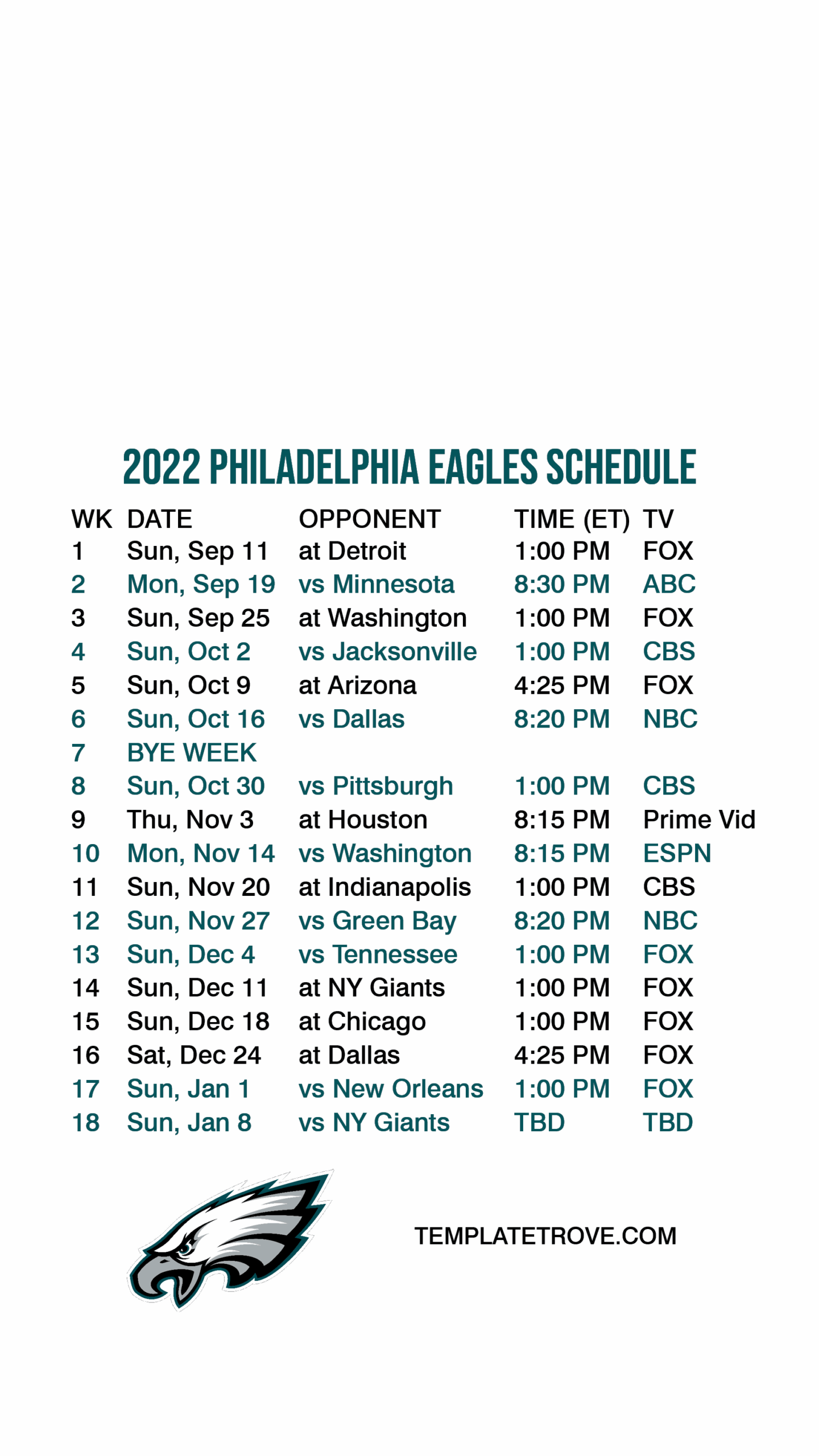 Printable Eagles Schedule 2024 25 Myrta Tuesday